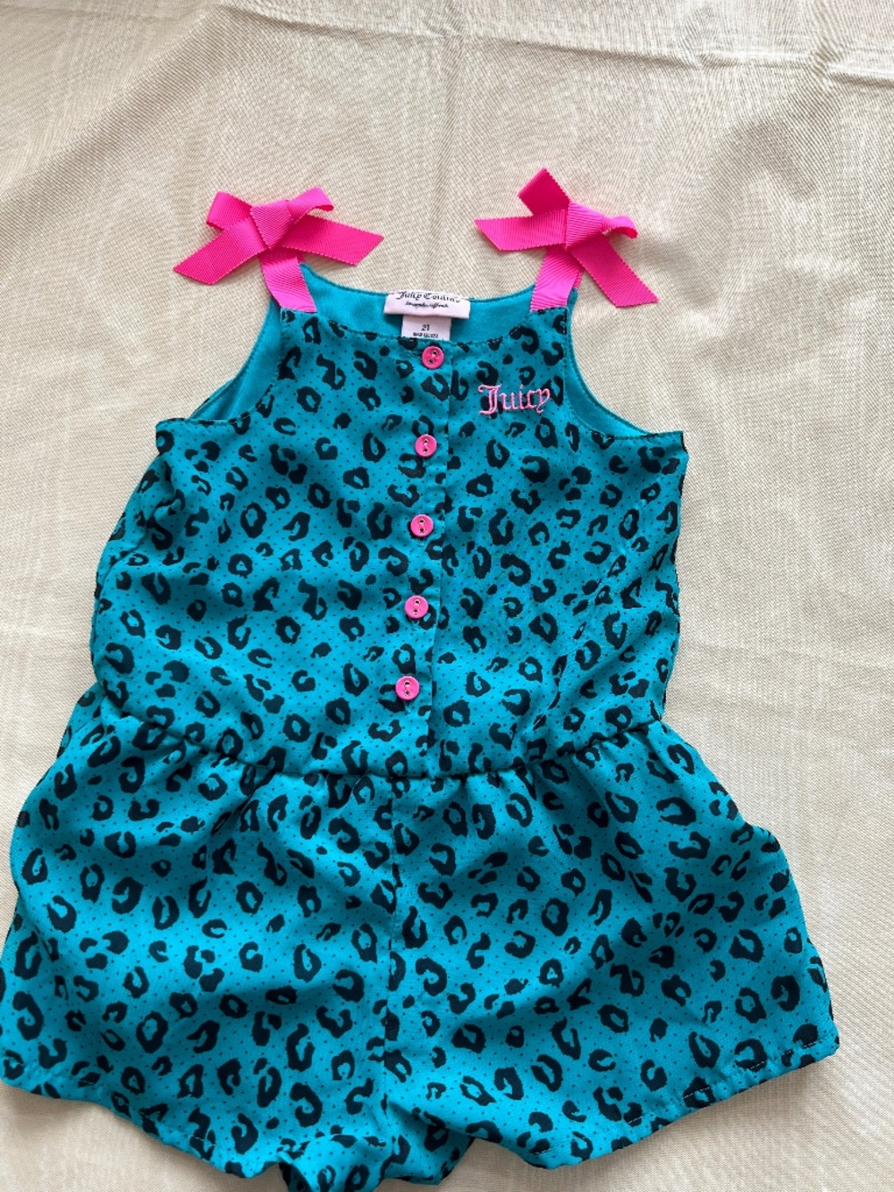 Juicy Couture Romper toddler Size 2T Green Leopard Print W/Pink Bows